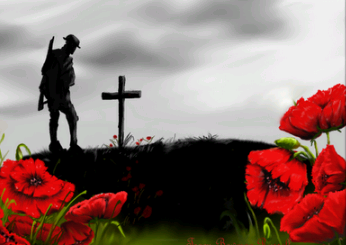 the image shows red poppies and a soldier paying his respects on a grave