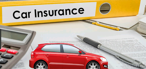 the picture shows a car on top of insurance papers and a yellow file that has a text that says car insurance
