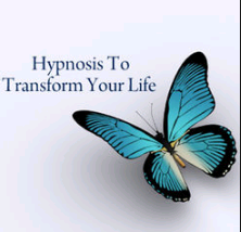 The image shows a butterfly and a text that says hypnosis to transform your life
