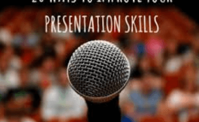 The image shows a microphone and a text that says 20 ways to improve your presentation skills